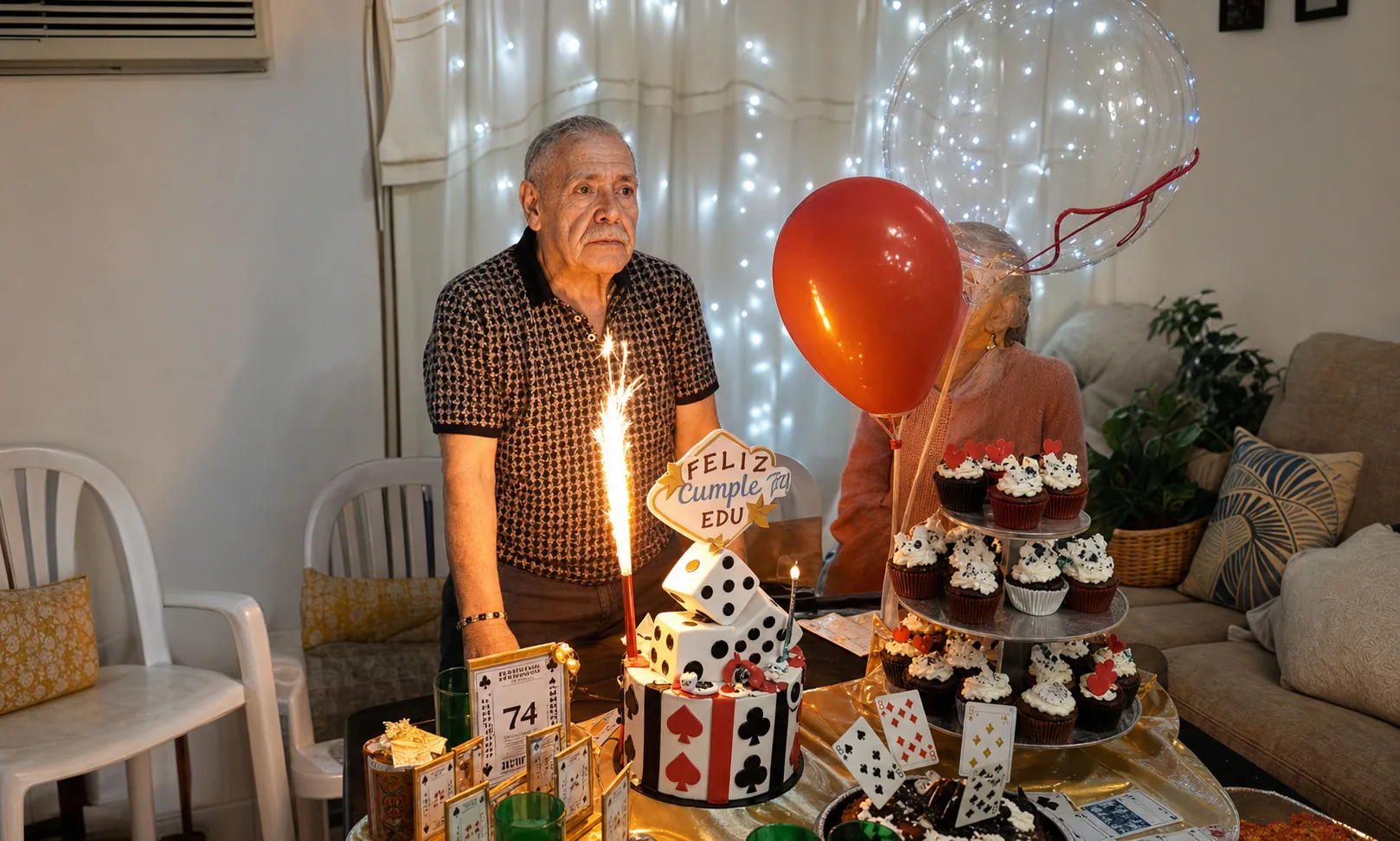 Festejo de cumpleaños con torta, vela y decoración