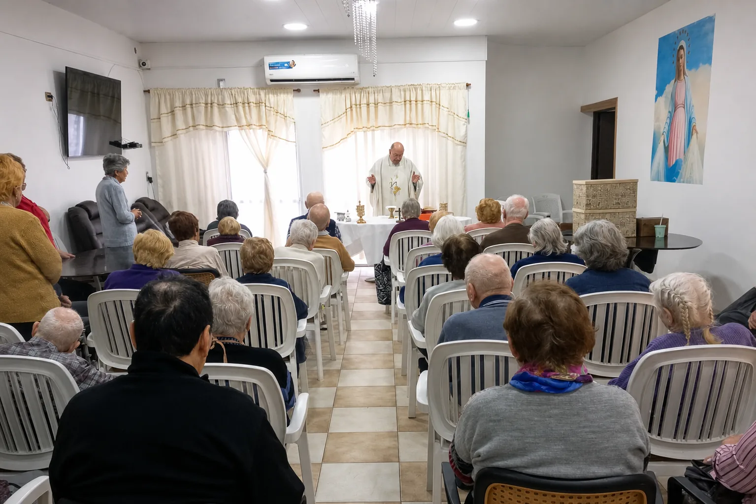 Residentes participando de la misa en comunidad