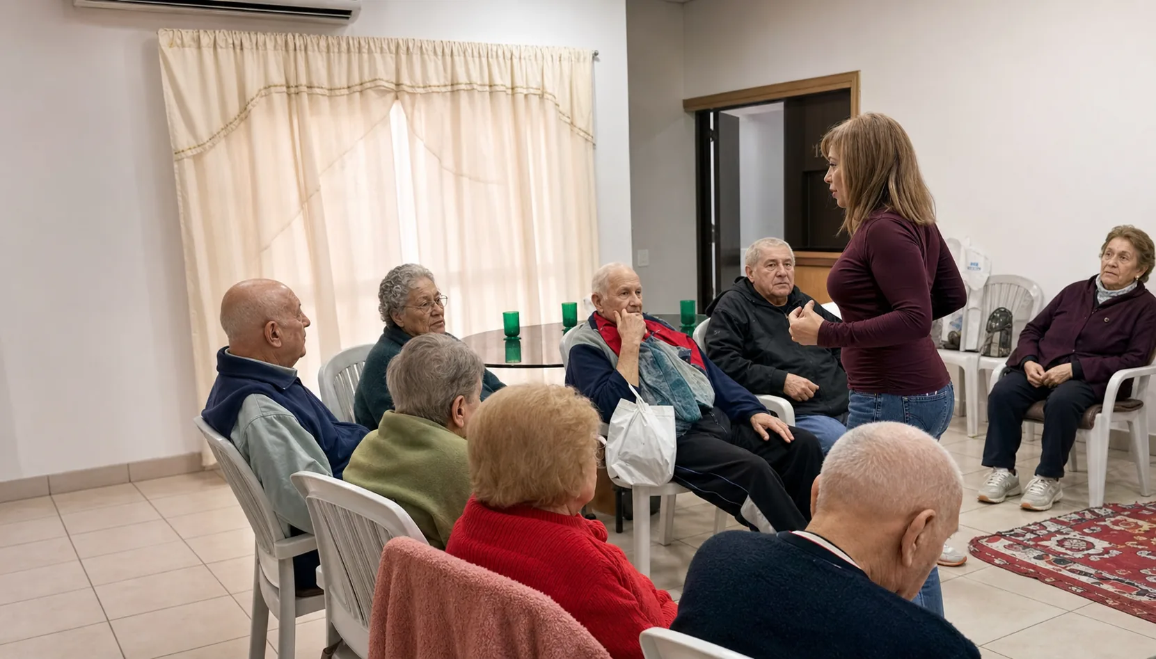 Taller de psicología con residentes escuchando a la coordinadora
